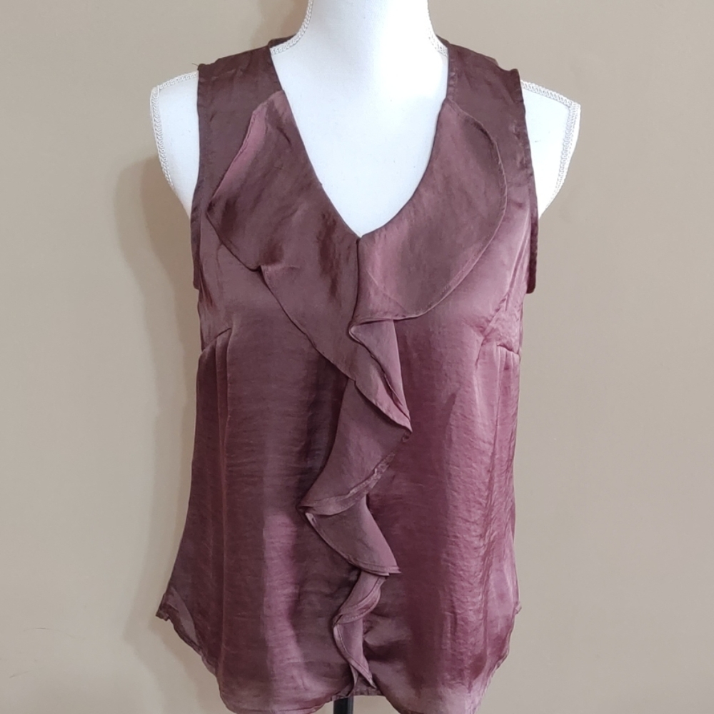 Brown Ruffle Front Satin Look Top